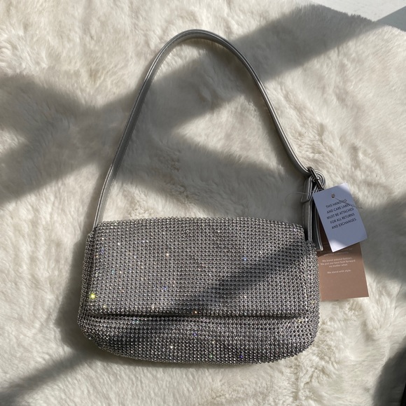 NWT Rhinestone Mesh Shoulder Bag | Silver Metallic Buckle Strap Purse - Picture 8 of 16